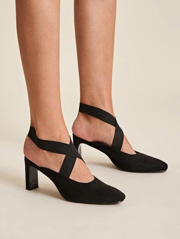 CM-SHS028344 Women Trendy Seoul Style Elastic Cross Strap Chunky Heels - Black