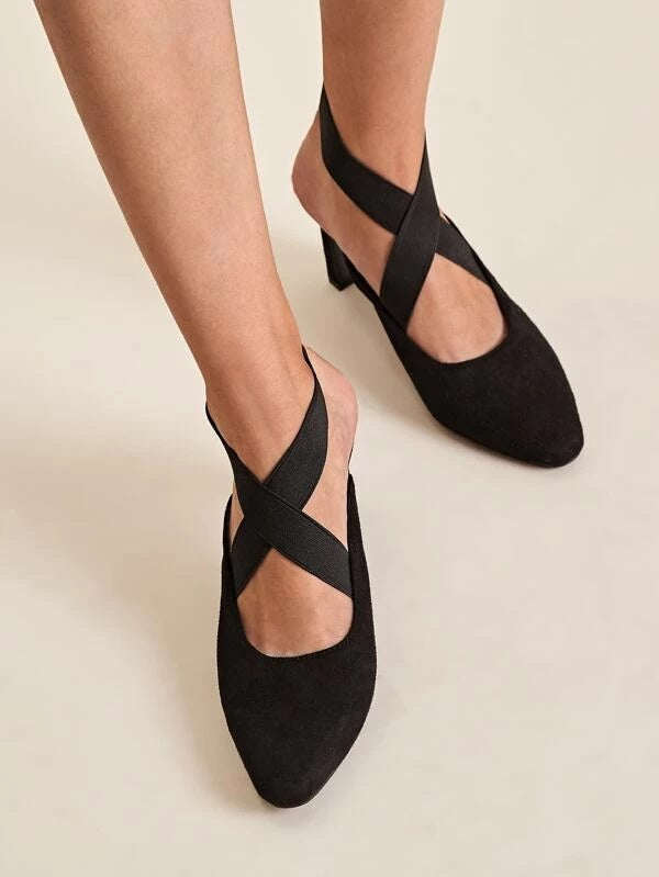 CM-SHS028344 Women Trendy Seoul Style Elastic Cross Strap Chunky Heels - Black