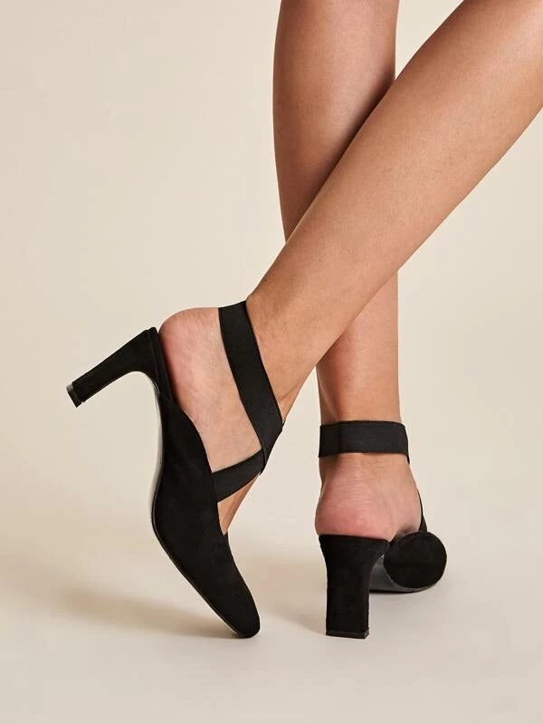 CM-SHS028344 Women Trendy Seoul Style Elastic Cross Strap Chunky Heels - Black