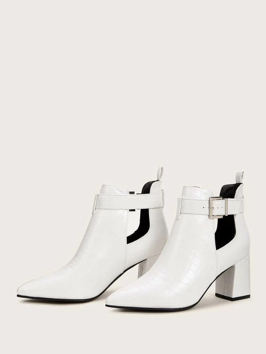 CM-SHS028526 Women Elegant Seoul Style Buckle Decor Point Toe Chunky Boots - White