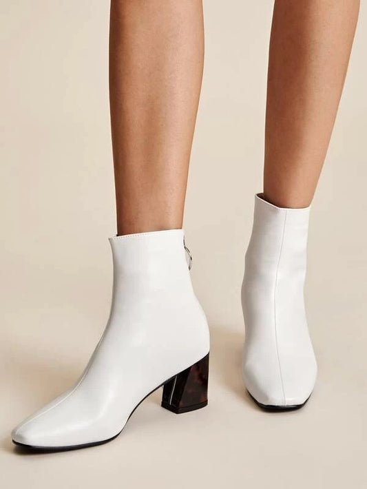 CM-SHS014669 Women Trendy Seoul Style Contrast Heel Back Zipper Chunky Boots - White