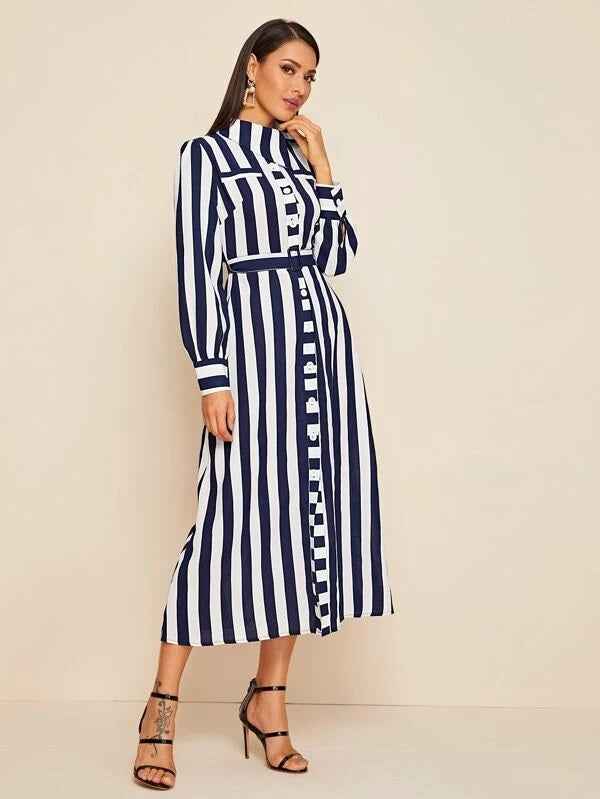 CM-DS029201 Women Casual Seoul Style Long Sleeve Button Front Striped Belted Shirt Dress - Navy Blue