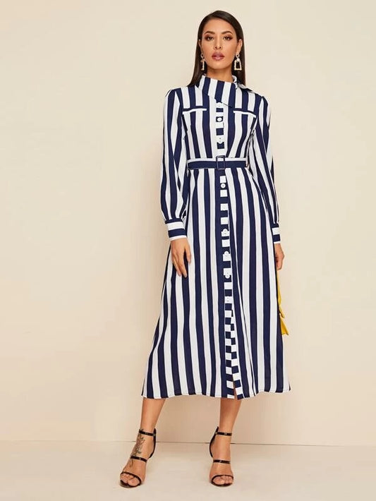 CM-DS029201 Women Casual Seoul Style Long Sleeve Button Front Striped Belted Shirt Dress - Navy Blue