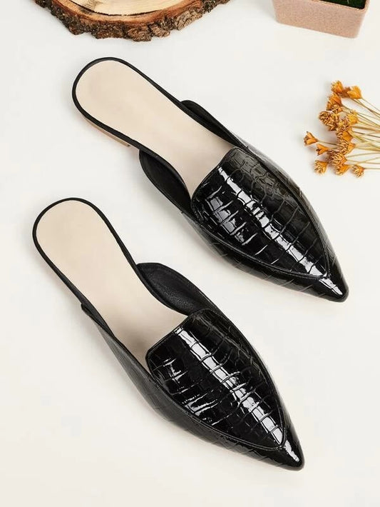CM-SHS029013 Women Trendy Seoul Style Point Toe Croc Embossed Flat Mules - Black