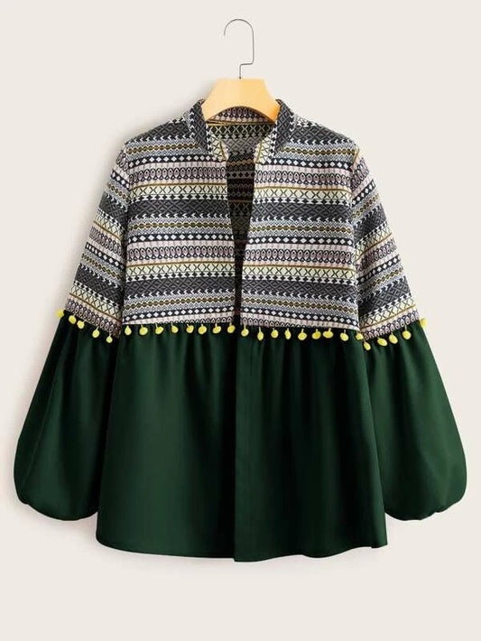 CM-CS029338 Women Trendy European Style Tribal Print Bishop Sleeve Coat - Green