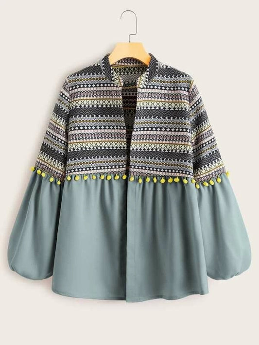 CM-CS029643 Women Trendy European Style Tribal Print Bishop Sleeve Coat - Blue