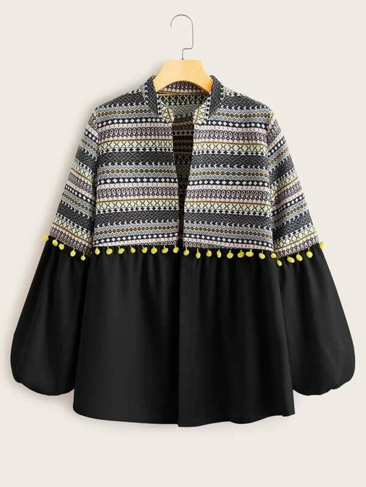 CM-CS029992 Women Trendy European Style Tribal Print Bishop Sleeve Coat - Black
