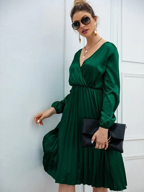 CM-DS029339 Women Elegant Seoul Style Long Sleeve Solid Surplice Pleated Hem Satin Dress - Green