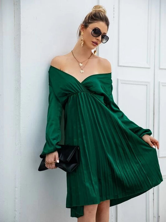 CM-DS029339 Women Elegant Seoul Style Long Sleeve Solid Surplice Pleated Hem Satin Dress - Green