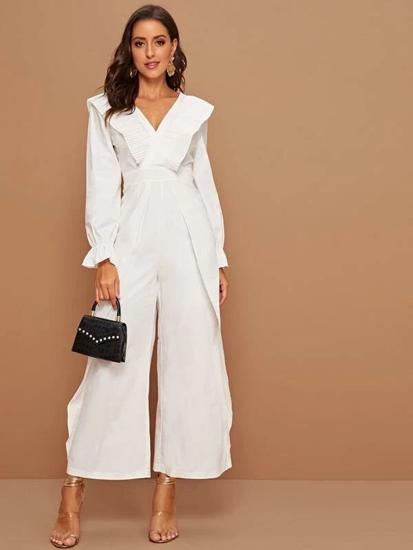 CM-JS030339 Women Elegant Seoul Style Surplice Front Pleated Ruffle Culotte Jumpsuit - White