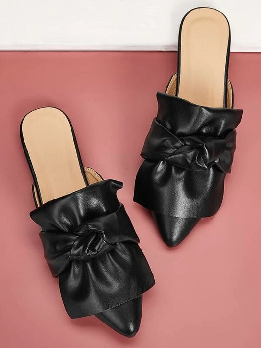 CM-SHS030072 Women Trendy Seoul Style Knotted Front Point Toe Flat Mules - Black