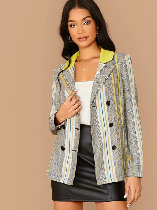 CM-CS009480 Women Elegant Seoul Style Long Sleeve Notch Collar Double Breasted Plaid Blazer