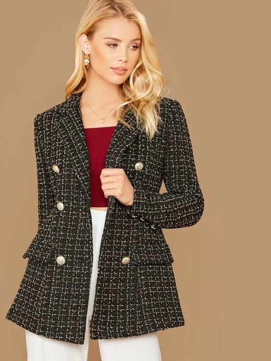 CM-CS015911 Women Elegant European Style Notched Collar Double Breasted Tweed Blazer - Black
