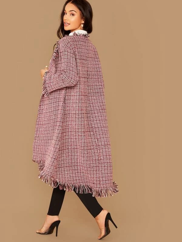 CM-CS010714 Women Elegant Seoul Style Long Sleeve Collared Frayed Trim Plaid Tweed Coat - Wine Red