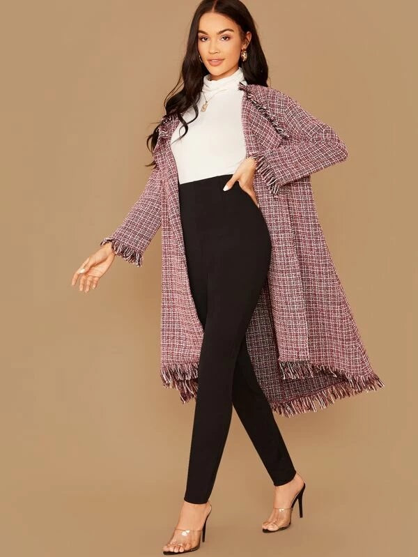 CM-CS010714 Women Elegant Seoul Style Long Sleeve Collared Frayed Trim Plaid Tweed Coat - Wine Red