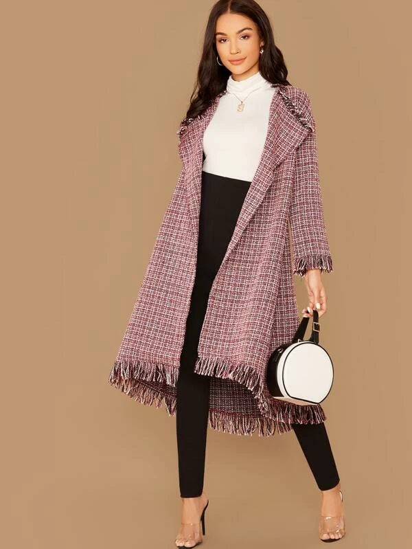 CM-CS010714 Women Elegant Seoul Style Long Sleeve Collared Frayed Trim Plaid Tweed Coat - Wine Red