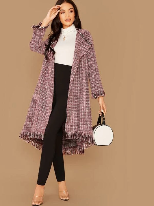 CM-CS010714 Women Elegant Seoul Style Long Sleeve Collared Frayed Trim Plaid Tweed Coat - Wine Red