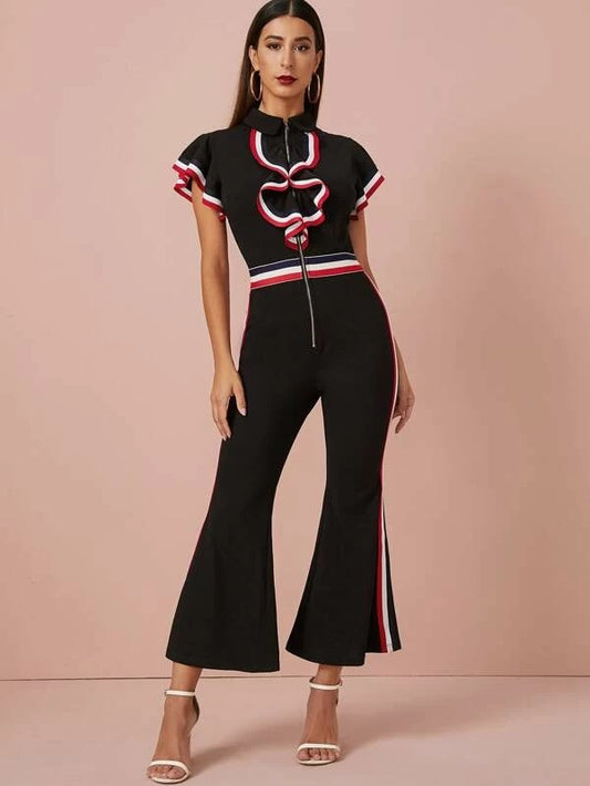 CM-JS917339 Women Elegant Seoul Style Zip Up Ruffle Trim Striped Tape Flare Leg Jumpsuit - Black