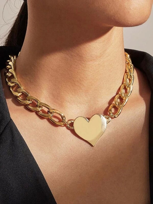 CM-AXS022277 Women Trendy Seoul Style Heart Charm Chain Necklace - Gold