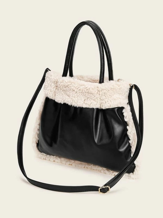 CM-BGS031110 Women Trendy Seoul Style Faux Fur Decor Satchel Bag - Black