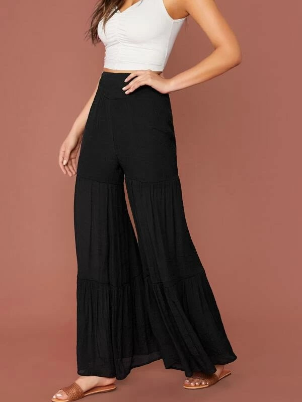 CM-BS930484 Women Casual Seoul Style High Waist Layered Ruffle Hem Super Palazzo Pants - Black