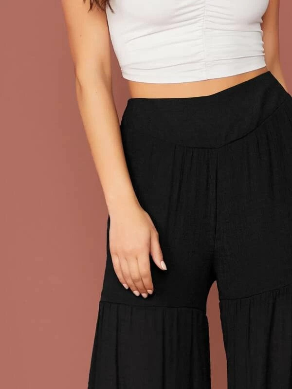 CM-BS930484 Women Casual Seoul Style High Waist Layered Ruffle Hem Super Palazzo Pants - Black