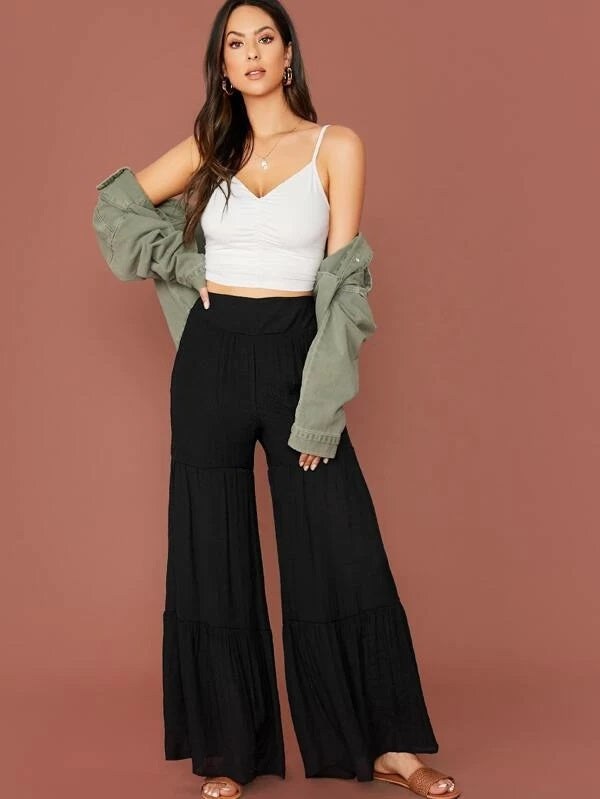 CM-BS930484 Women Casual Seoul Style High Waist Layered Ruffle Hem Super Palazzo Pants - Black