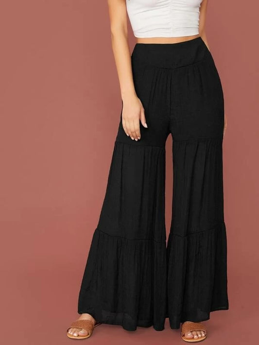 CM-BS930484 Women Casual Seoul Style High Waist Layered Ruffle Hem Super Palazzo Pants - Black