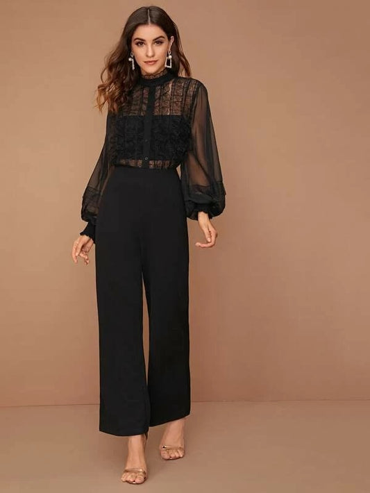 CM-JS101356 Women Elegant Seoul Style Sheer Balloon Sleeve Lace Bodice Jumpsuit - Black