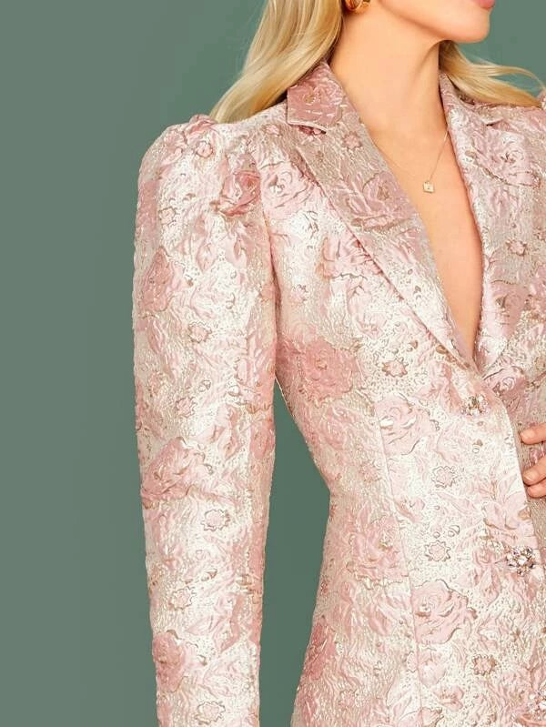 CM-CS923567 Women Elegant European Style Notched Collar Floral Jacquard Blazer Dress - Pink