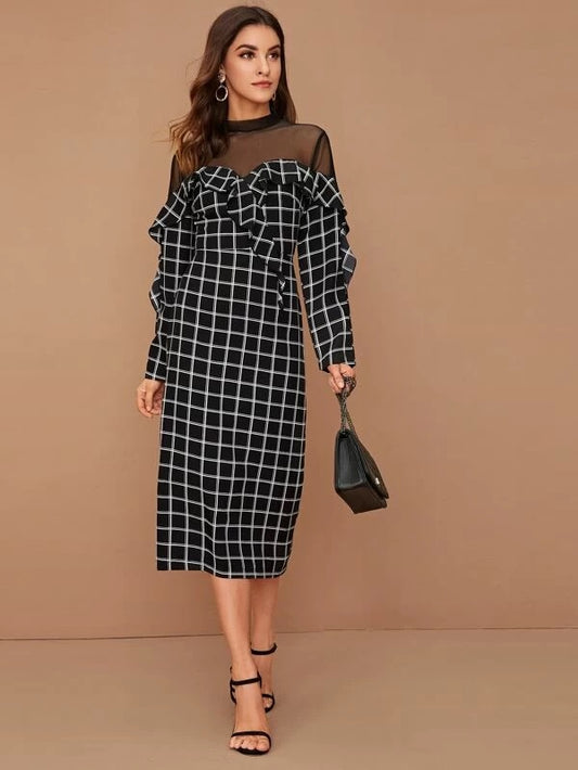 CM-DS102632 Women Elegant Seoul Style Long Sleeve Mesh Yoke Plaid Print Ruffle Trim Dress - Black