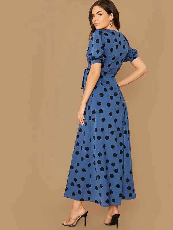 CM-DS009819 Women Casual Seoul Style Short Sleeve Surplice Wrap Knot Side Polka Dot Dress - Blue