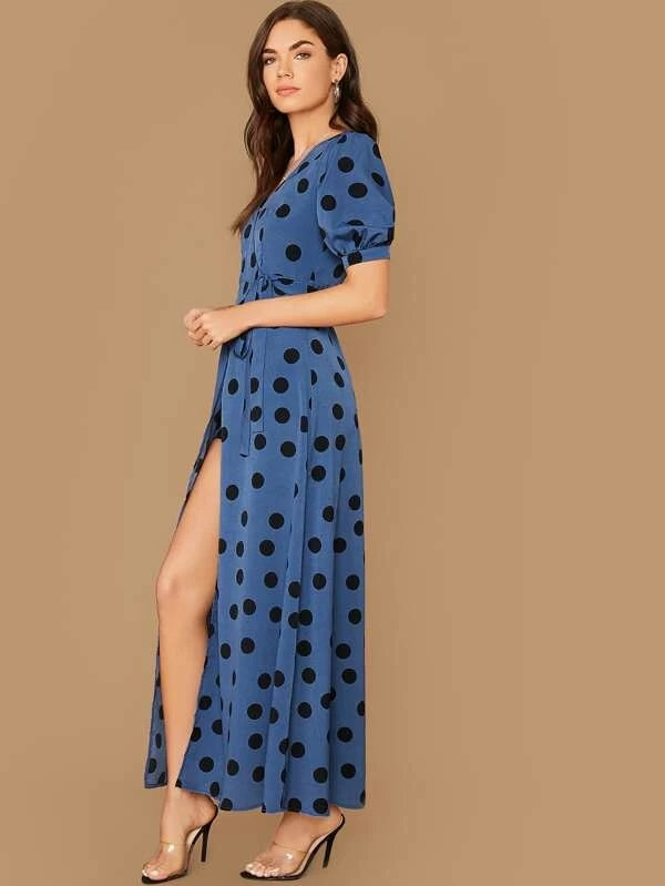 CM-DS009819 Women Casual Seoul Style Short Sleeve Surplice Wrap Knot Side Polka Dot Dress - Blue