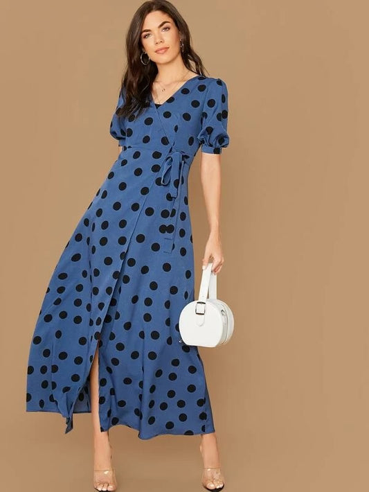 CM-DS009819 Women Casual Seoul Style Short Sleeve Surplice Wrap Knot Side Polka Dot Dress - Blue