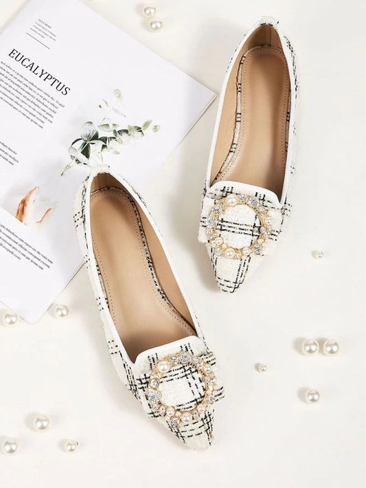 CM-SHS101489 Women Trendy Seoul Style Pearl And Rhinestone Decor Point Toe Flats - White
