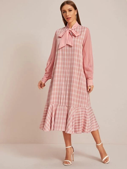 CM-DS101968 Women Preppy Seoul Style Long Sleeve Tie Neck Ruffle Hem Plaid Dress - Pink