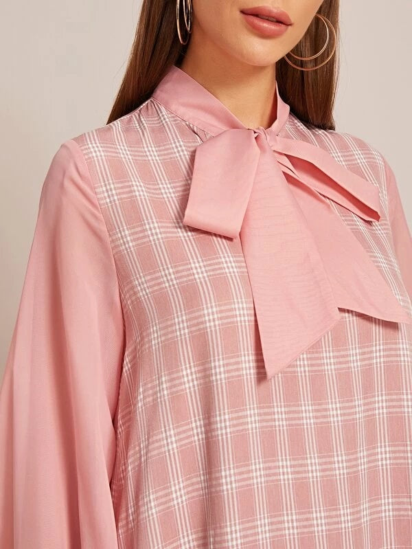 CM-DS101968 Women Preppy Seoul Style Long Sleeve Tie Neck Ruffle Hem Plaid Dress - Pink