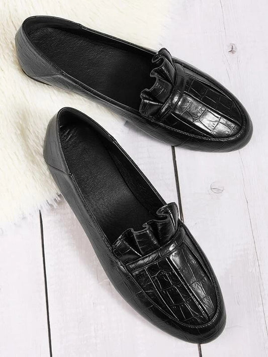 CM-SHS104972 Women Trendy Seoul Style Ruffle Decor Croc Embossed Flats - Black