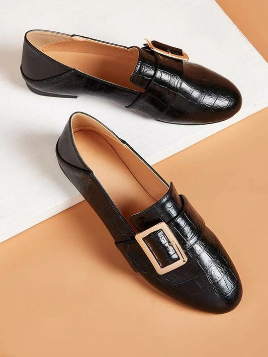 CM-SHS104629 Women Elegant Seoul Style Buckle Decor Croc Embossed Flat Loafers - Black