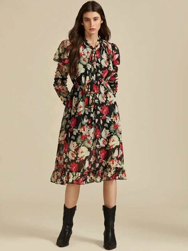 CM-DS926305 Women Trendy Bohemian Style Long Sleeve Tie Neck Ruched Sleeve Floral Print Ruffle Dress