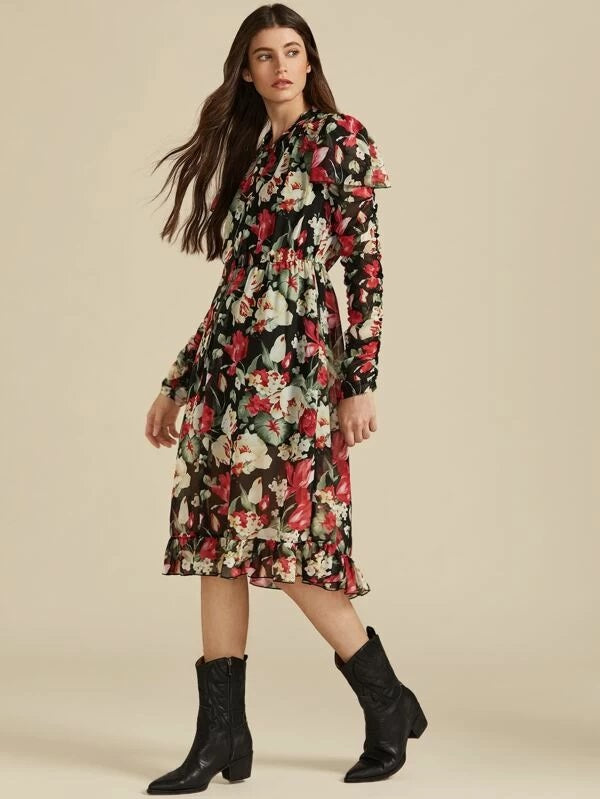 CM-DS926305 Women Trendy Bohemian Style Long Sleeve Tie Neck Ruched Sleeve Floral Print Ruffle Dress