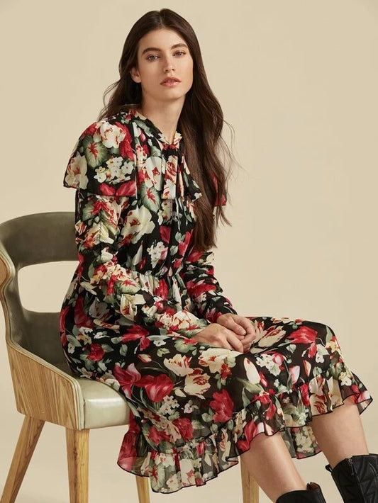 CM-DS926305 Women Trendy Bohemian Style Long Sleeve Tie Neck Ruched Sleeve Floral Print Ruffle Dress