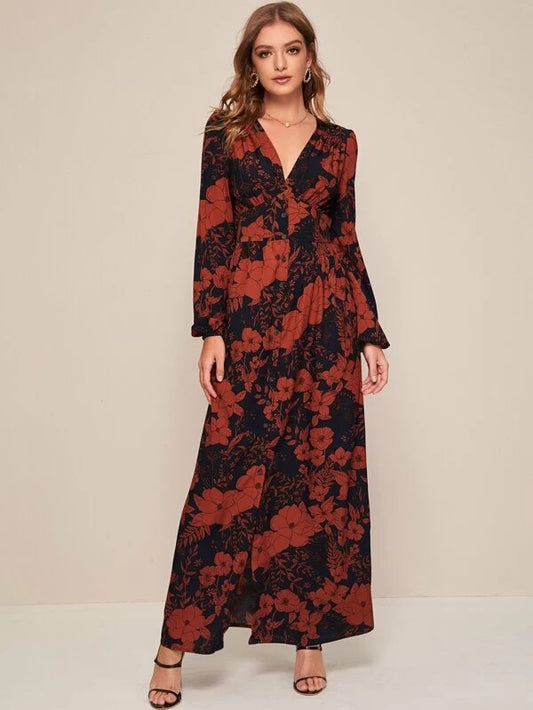 CM-DS022302 Women Elegant Seoul Style Floral Print Bishop Sleeve High Waist Maxi Shirt Dress