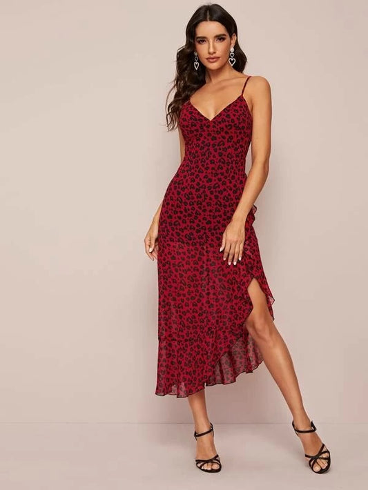 CM-DS022095 Women Elegant Seoul Style Leopard Print Ruffle Asymmetric Hem Cami Dress - Red