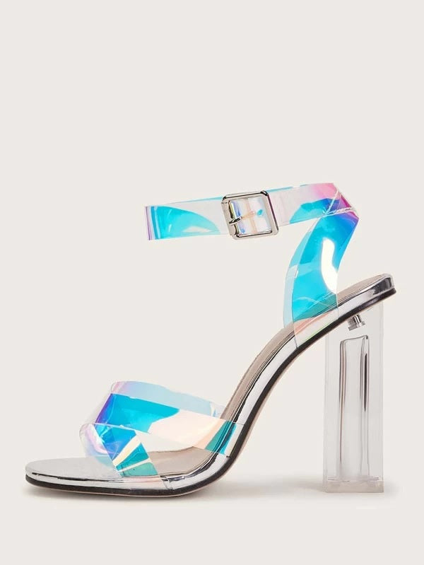 CM-SHS105792 Women Elegant Seoul Style Holographic Ankle Strap Chunky Heels