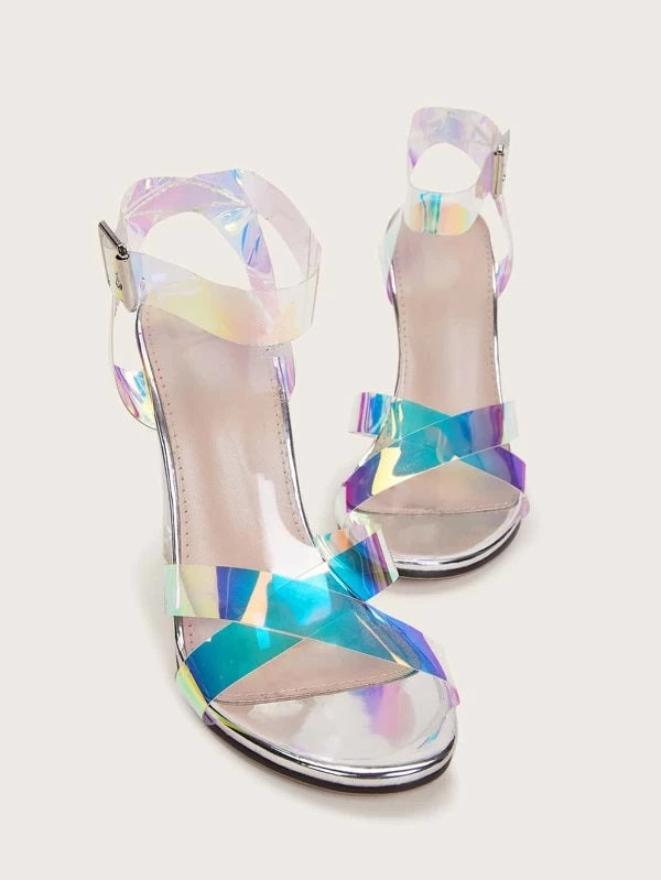 CM-SHS105792 Women Elegant Seoul Style Holographic Ankle Strap Chunky Heels