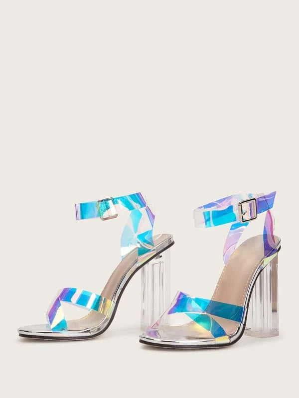 CM-SHS105792 Women Elegant Seoul Style Holographic Ankle Strap Chunky Heels