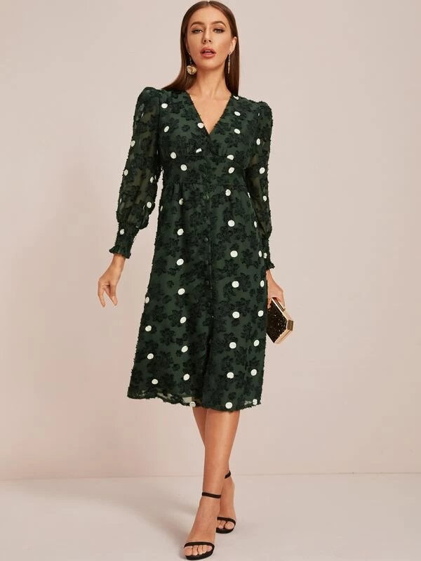 CM-DS105058 Women Elegant Seoul Style Long Sleeve Button Through Polka Dot Dress - Green
