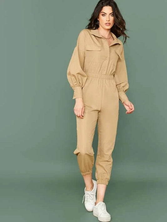 CM-JS017348 Women Casual Seoul Style Solid Buttoned Front Lantern Sleeve Jumpsuit - Khaki