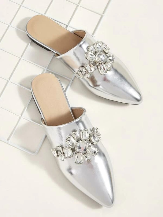 CM-SHS106410 Women Elegant Seoul Style Jewelled Decor Point Toe Flat Mules - Silver